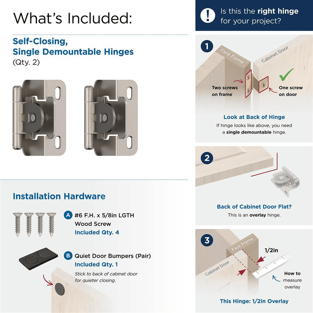 Single Demountable Hinge, Self-Closing, 1/2" Overlay, Satin Nickel - What's Included
