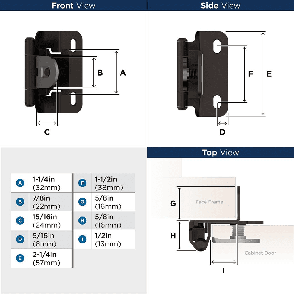 Single Demountable Hinge, Self-Closing, 1/2" Overlay, Oil Rubbed Bronze - Dimensions