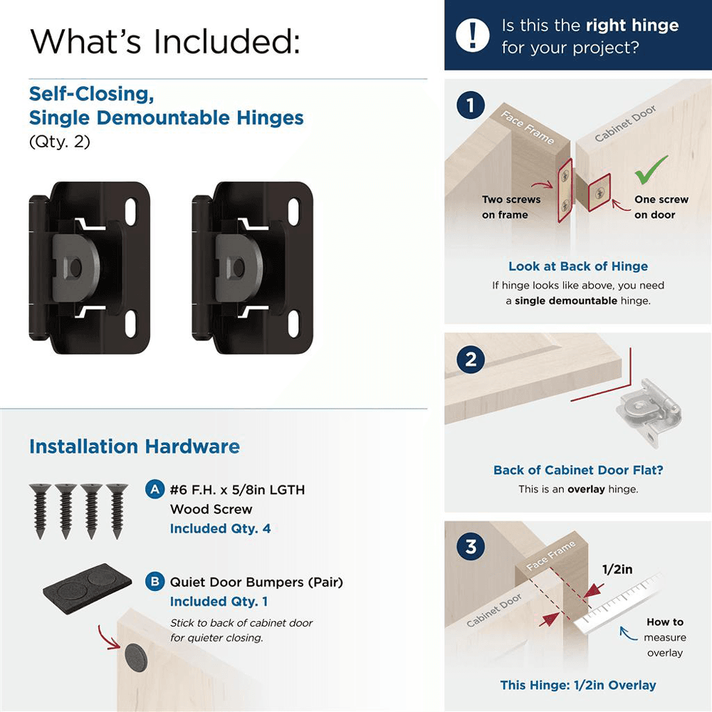 Single Demountable Hinge, Self-Closing, 1/2" Overlay, Oil Rubbed Bronze - What's Included
