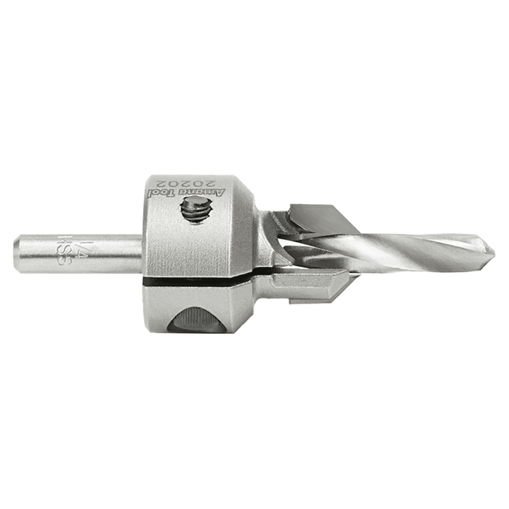 Adjustable countersink bit for drilling natural woods, MDF, aluminum and composite decking materials.