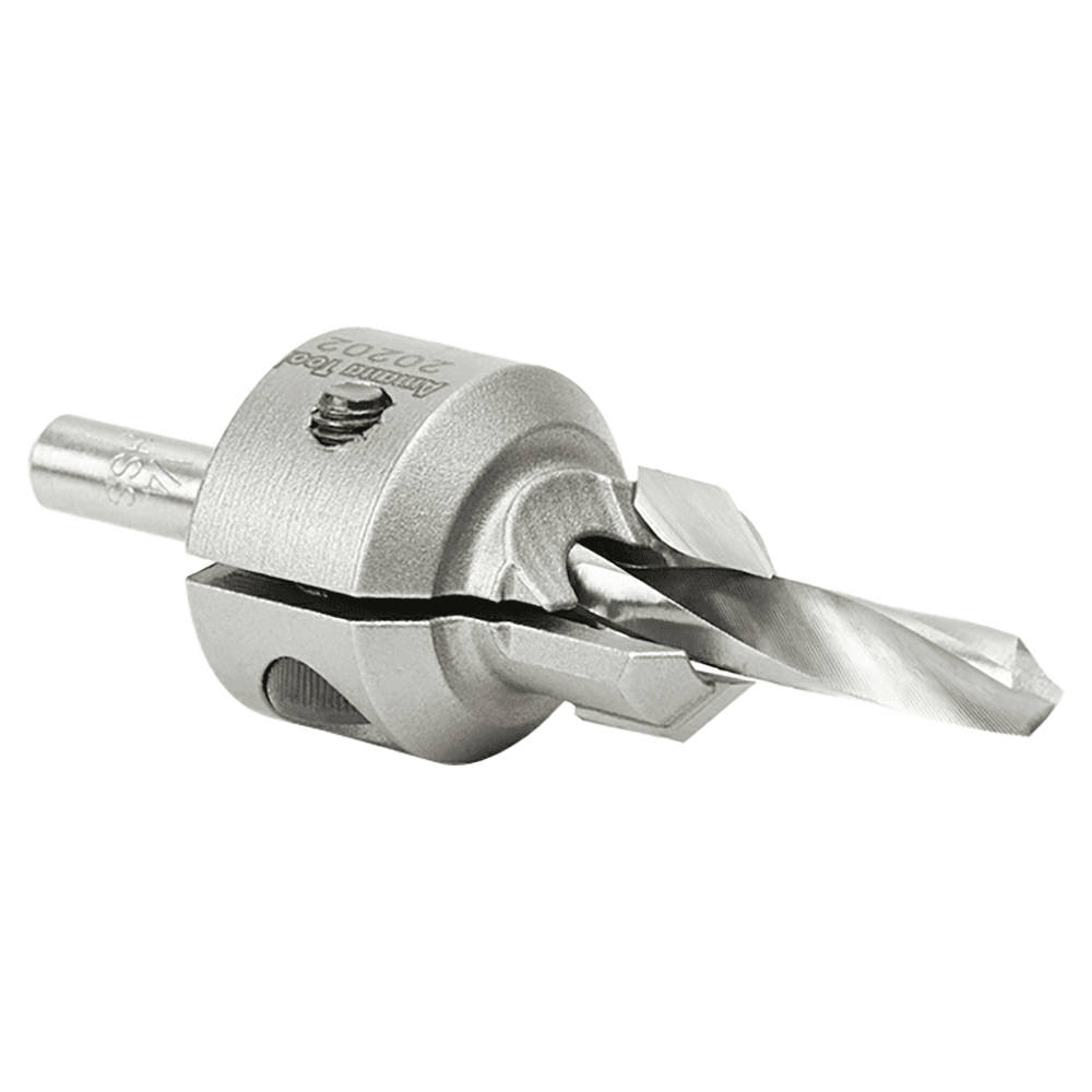Amana Di-count Adjustable Countersink Bit for Drills with 5/8" - 25/32" cutting diameter and 1/4" - 13/32" shank.