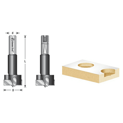 Get precise and clean bores with Amana's left hand hinge boring bit with 20mm cutting diameter and 10mm shank.