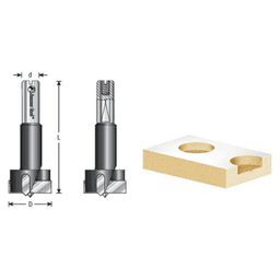 Close-up of Amana 28mm x 90mm Hinge Boring Bit, Right Hand, 10mm Shank in use