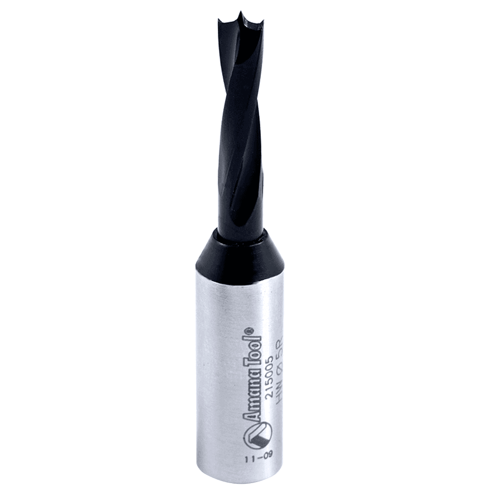Amana 5mm x 57.5mm Dowel Drill Brad Point Boring Bit, Right Hand, 10mm Shank close up of brad point tip