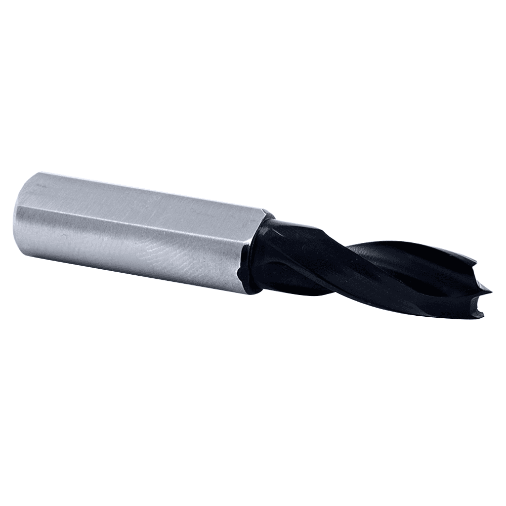 Amana 5mm x 57.5mm Dowel Drill Brad Point Boring Bit, Right Hand, 10mm Shank cutting flute detail