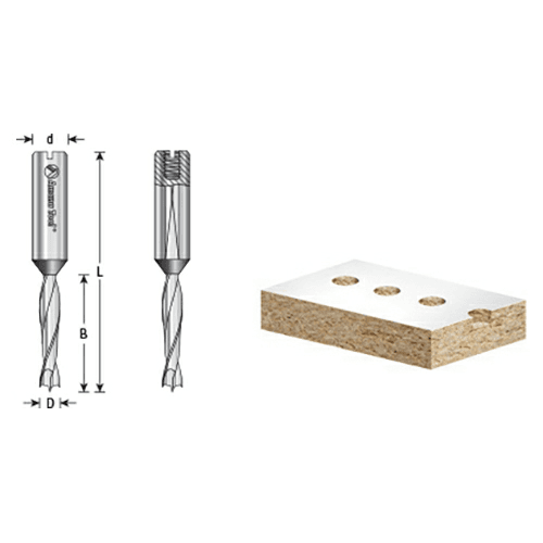 Amana 5mm x 57.5mm Dowel Drill Brad Point Boring Bit, Right Hand, 10mm Shank in use drilling dowel hole