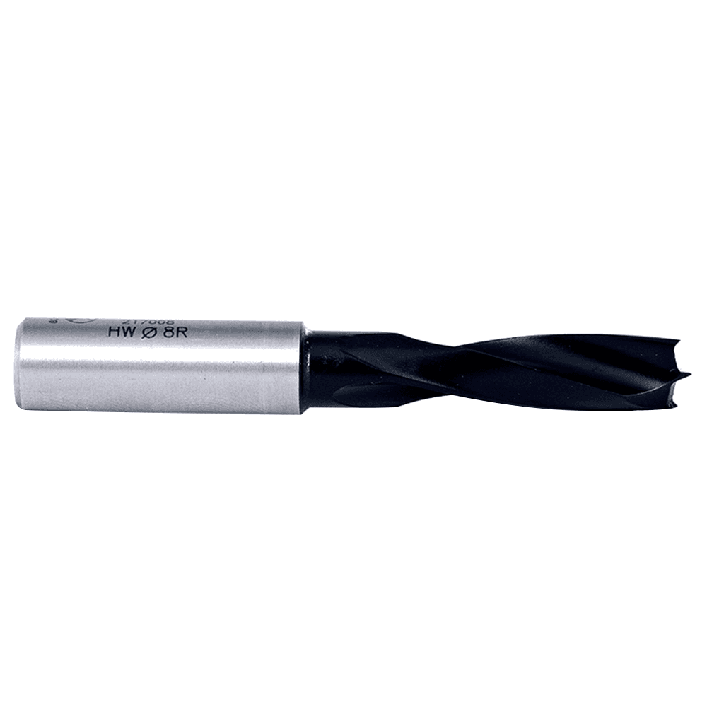 Amana 8mm x 70mm Dowel Drill Brad Point Boring Bit, Right Hand, 10mm Shank - Front View