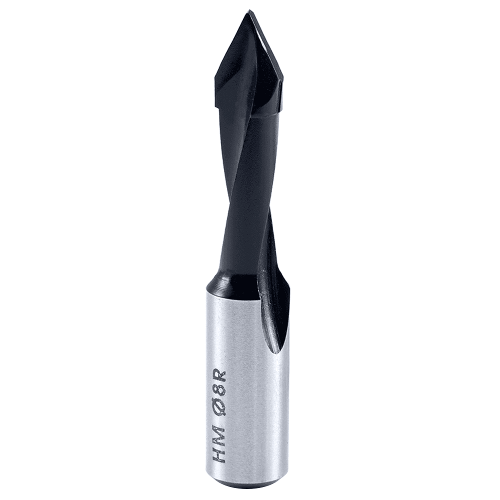 Amana 8mm x 57mm Through-Hole Boring Bit, Right Hand coated with PTFE for non-stick drilling.