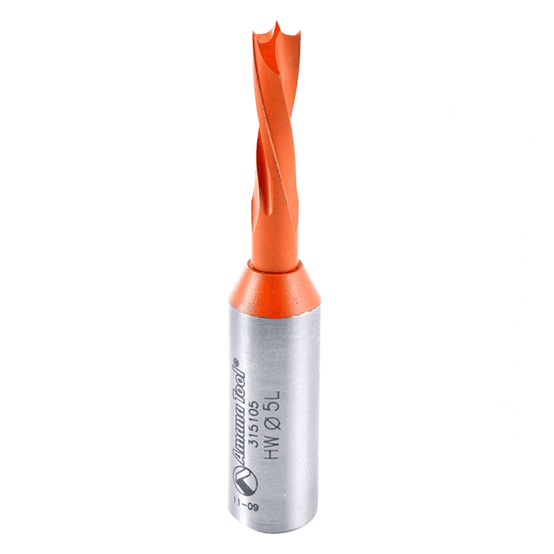 Amana 5mm x 57.5mm Brad Point Dowel Drill Bit, Left Hand, 10mm Shank - Long Lasting Performance