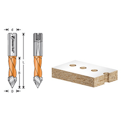 Left hand 5mm x 57mm dowel drill bit by Amana, coated with PTFE for non-stick drilling.