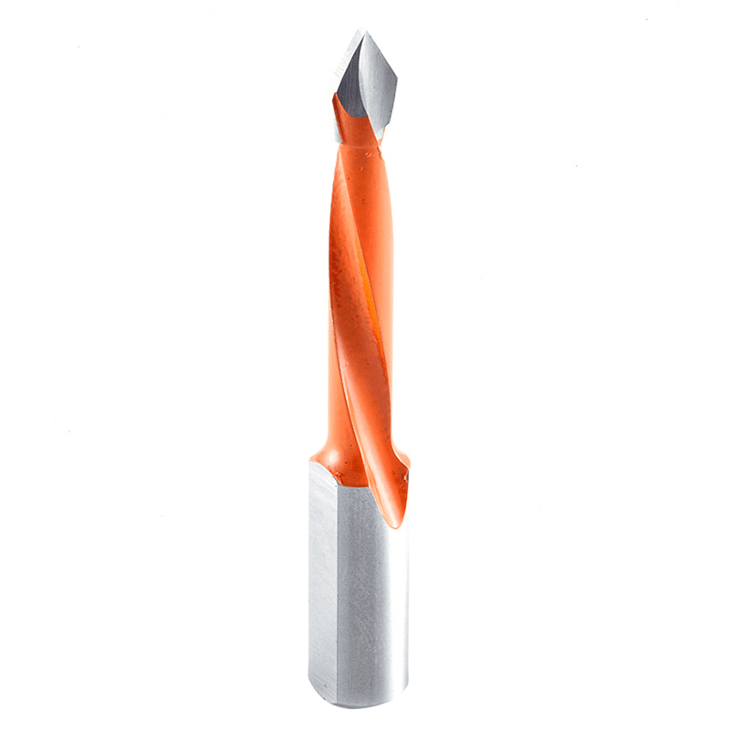 Amana 6mm x 70mm Through-Hole Boring Bit, Left Hand coated with PTFE, reducing friction and creating a cooler drilling area.