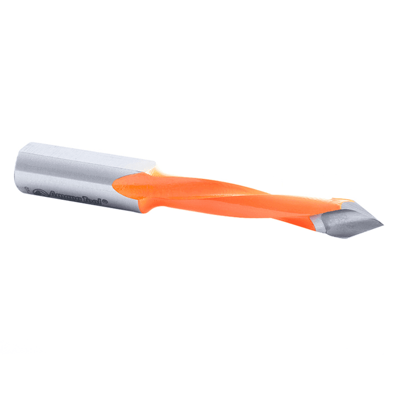 Amana Tool dowel drill with V-Point Boring Bit coated for longer lasting cutting edge and tool life.