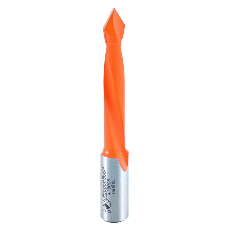 Amana 8mm x 77mm Through-Hole Boring Bit, Left Hand - Coated with PTFE for Longer Cutting Edge and Tool Life