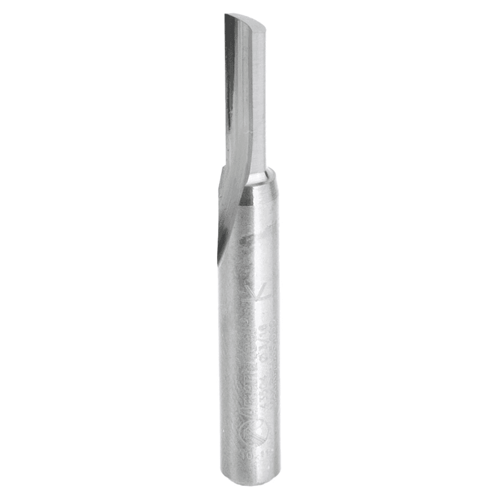 Amana 1-flute router bit with unique O flute design for easy chip ejection and fast cutting of soft plastics like PVC, styrene, and ABS.