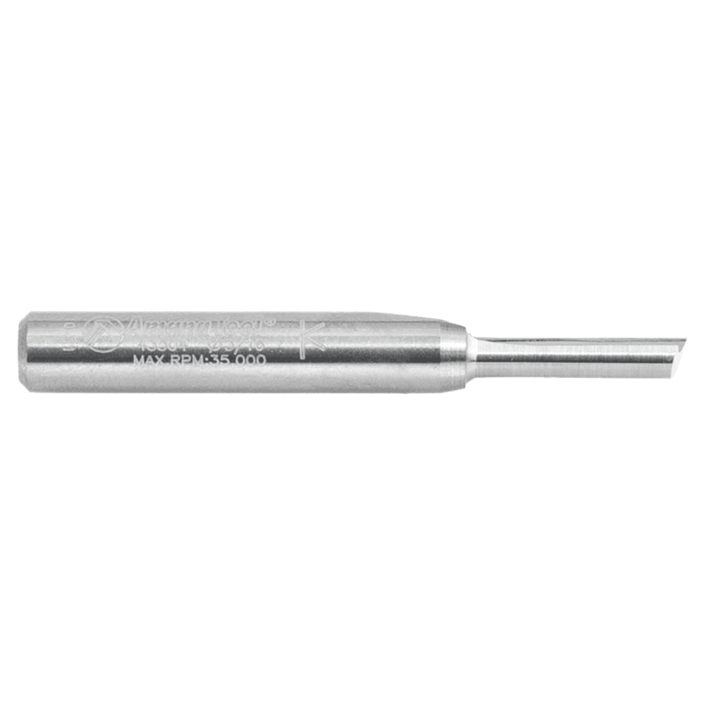 Amana router bit for cutting plastic, acrylic, Corian, and more. 5/8" cutting height and single flute for fast cutting.