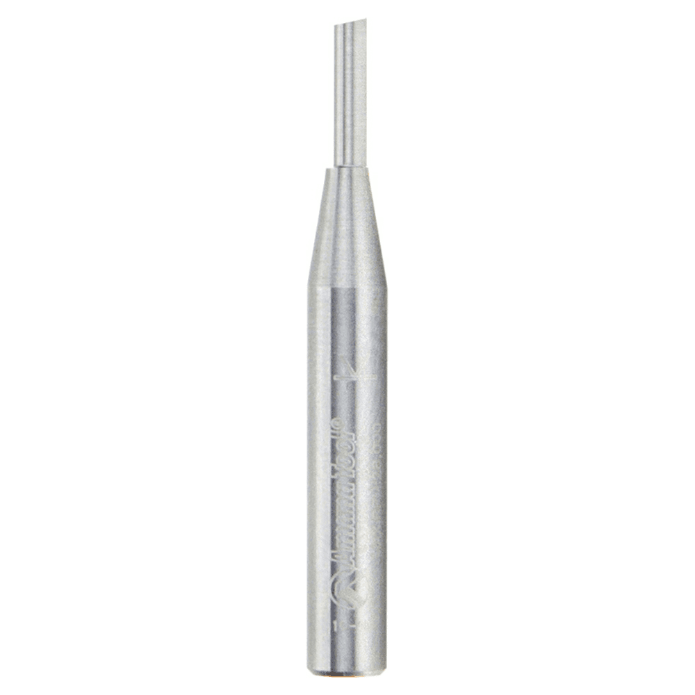 Amana 1/8" x 2" Straight Plunge Router Bit with 1-Flute and 1/4" Shank for high volume, high speed cutting.