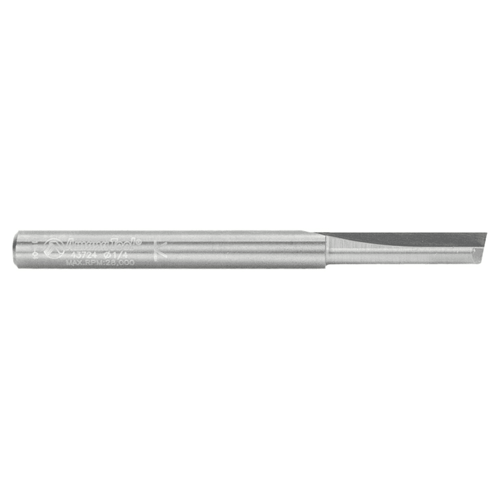 Amana 1/4" x 3" straight plunge router bit for high-speed cutting in abrasive wood composites.