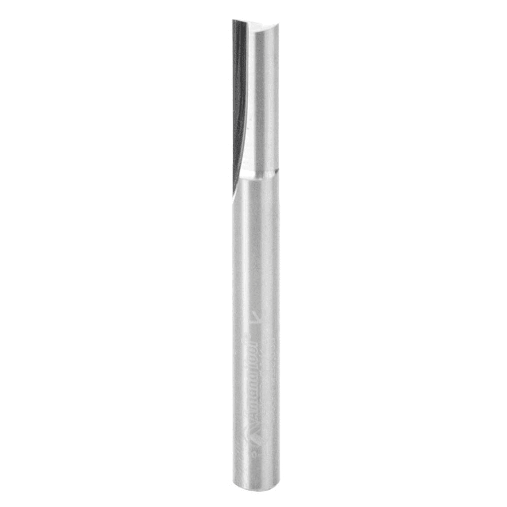 2-flute Amana router bit for high speed cutting in abrasive wood composites, with better chip clearance.