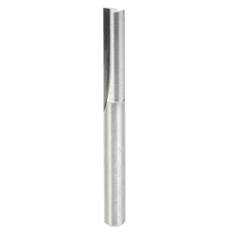 Amana solid carbide 2-flute plunge router bit with 1/4" shank for dense natural woods and abrasive composites.