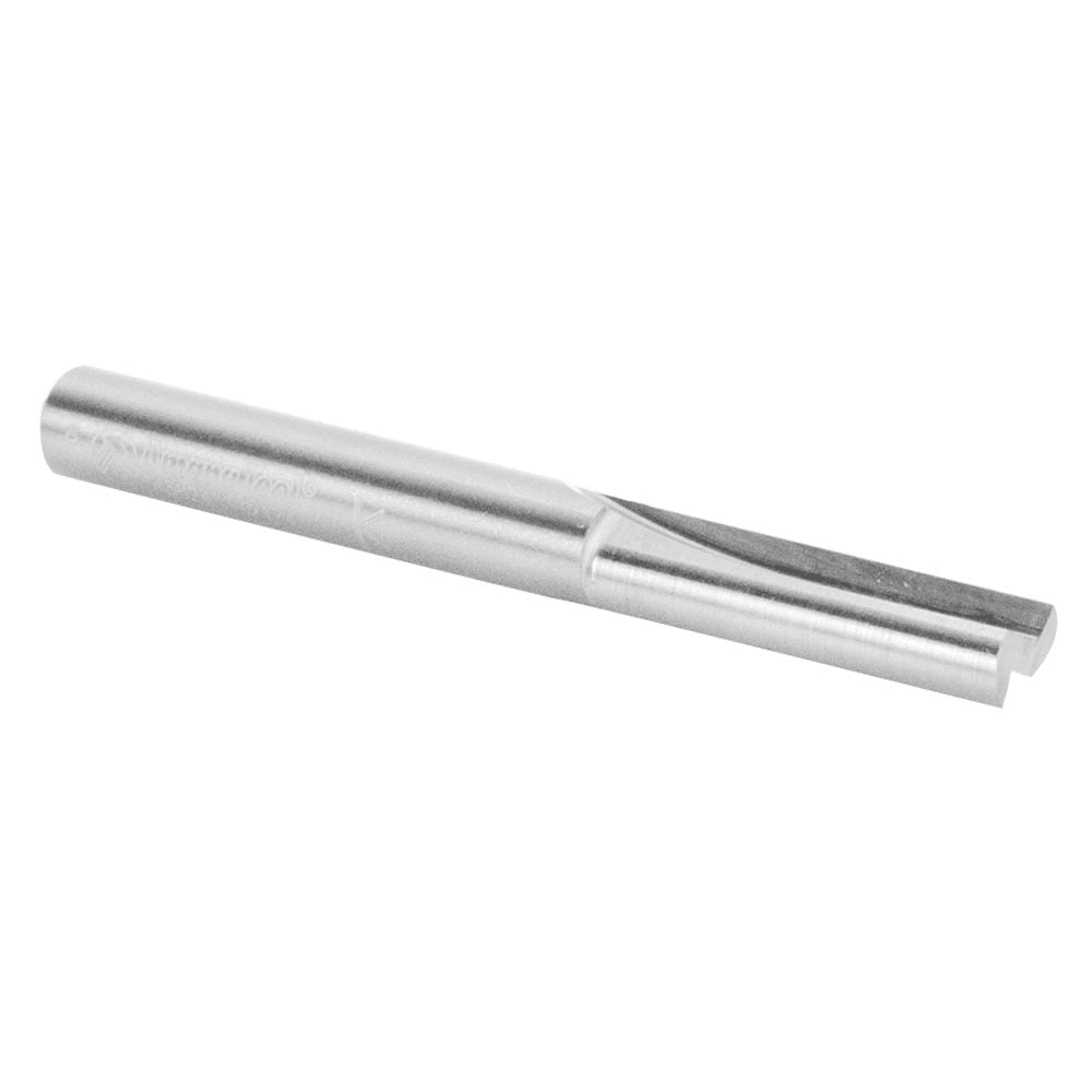 Smooth finish Amana solid carbide 2-flute router bit for high volume cutting in dense natural woods and abrasive composites.