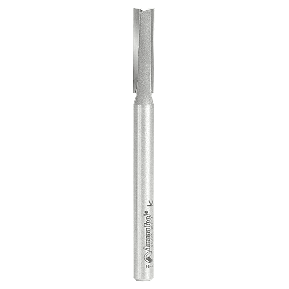 Amana 1/4" x 3-1/4" high production straight plunge router bit with 1/4" shank and 2-flute design for fine finish.