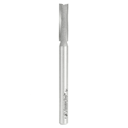 Amana 1/4" x 3-1/4" high production straight plunge router bit with 1/4" shank and 2-flute design for fine finish.