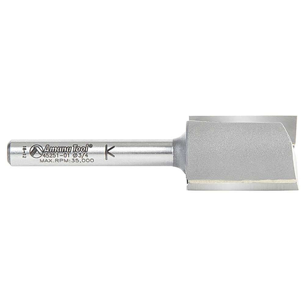 Amana 2-flute router bit with advanced grinding technology for reduced vibration and smooth surface