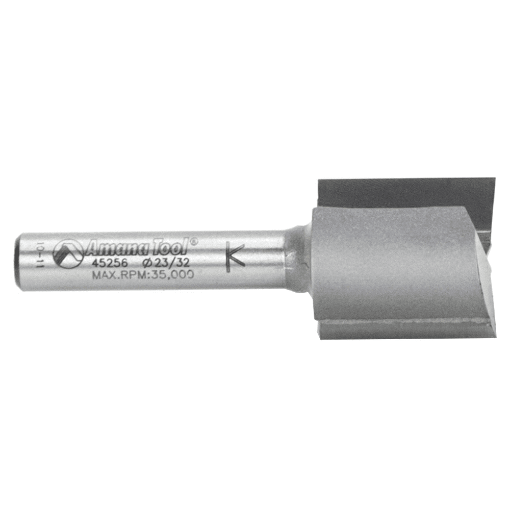 Amana 18mm straight plunge router bit with 2 flutes and 1/4" shank.