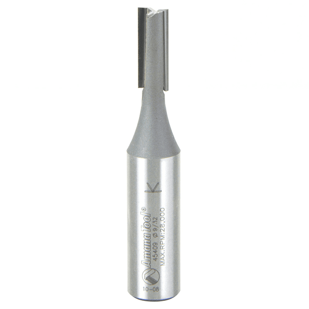 Amana 2-flute router bit for fine finish on wood, MDF, and plywood.
