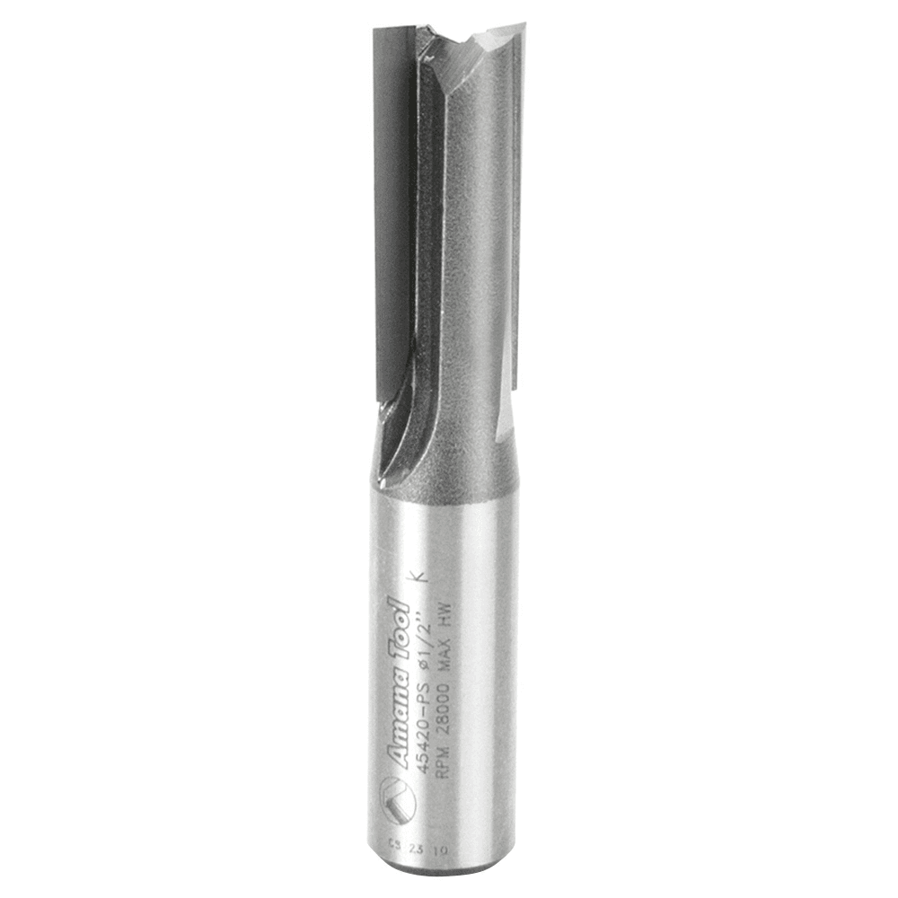 Amana 1/2" x 2-7/8" 3&#730; Production Shear Straight Plunge Router Bit, 2-Flute, 1/2" Shank