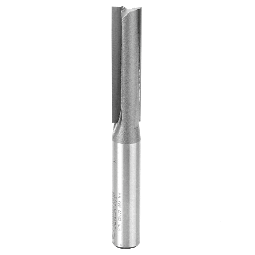 Amana 1/2" x 4-1/4" Router Bit augering chips away from the work for efficient production.