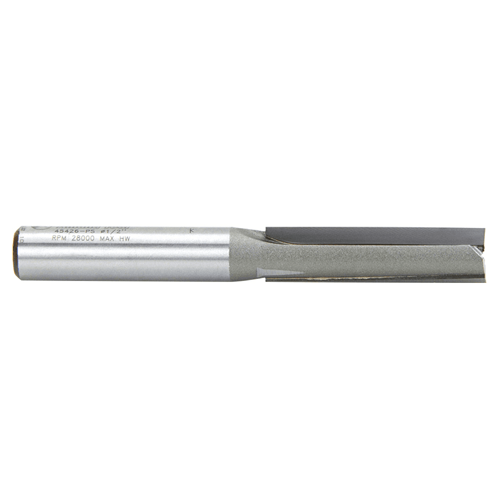 Amana 3&#730; Production Shear Straight Plunge Router Bit cutting composition board.