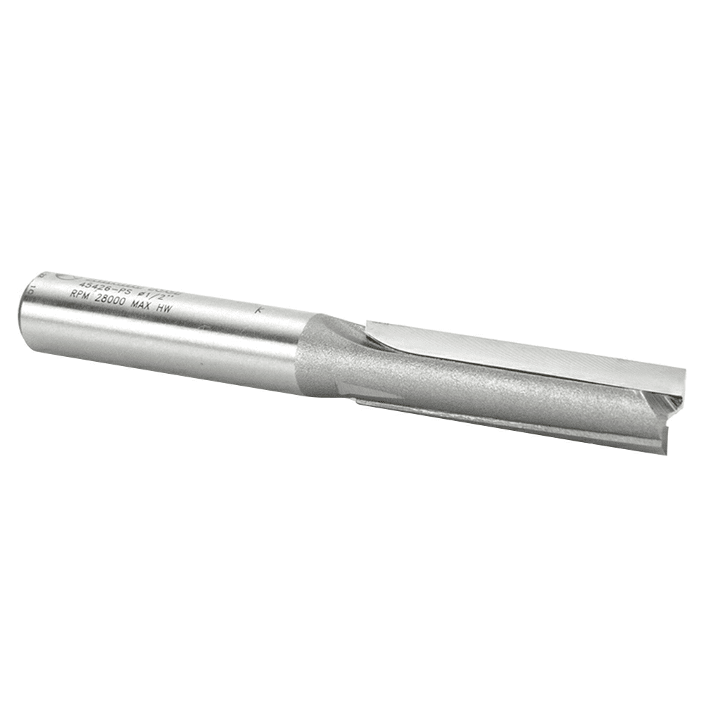 Close-up of Amana 2-Flute Router Bit preventing chipping & tearing of melamine surface.
