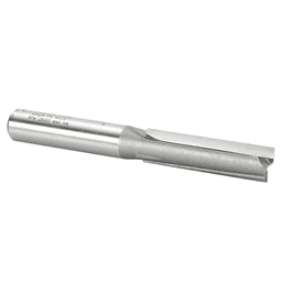 Close-up of Amana 2-Flute Router Bit preventing chipping & tearing of melamine surface.