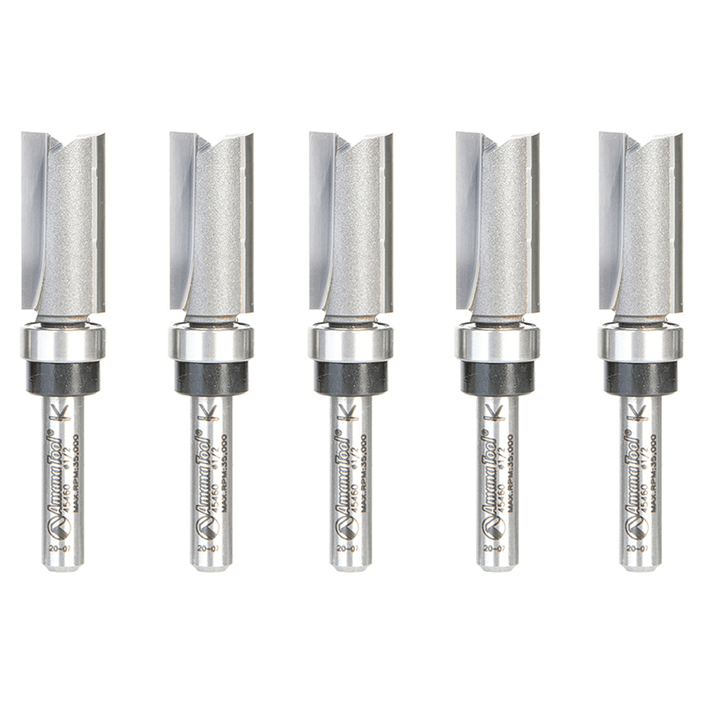 1/2" x 1" 5 Pack Carbide Tipped Flush Trim Bit, 2-Flute, 1/4" Shank with Upper BB Alt 1 - Image