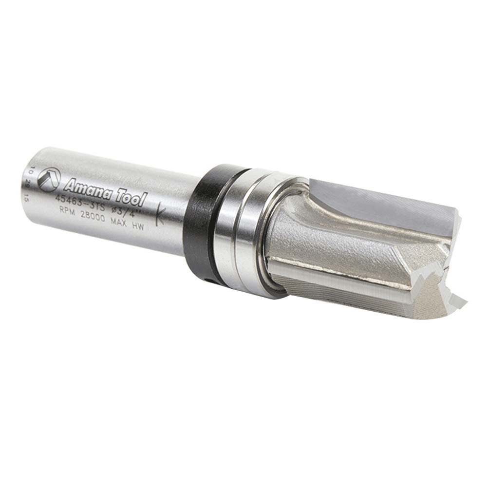 Shearing action router bit for composition board and melamine