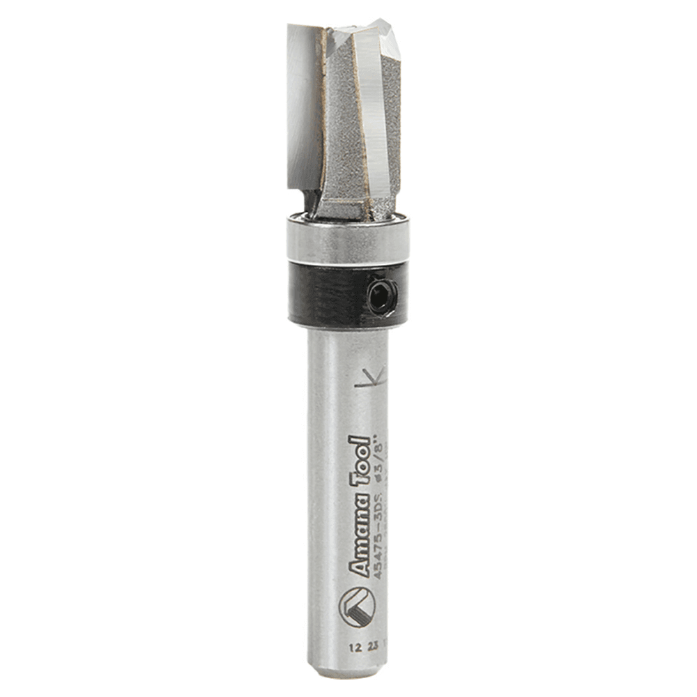 Amana 3/8" x 2" Down Shear Flush Trim Plunge Template Router Bit with Upper Ball Bearing, 3-Flute, 1/4" Shank