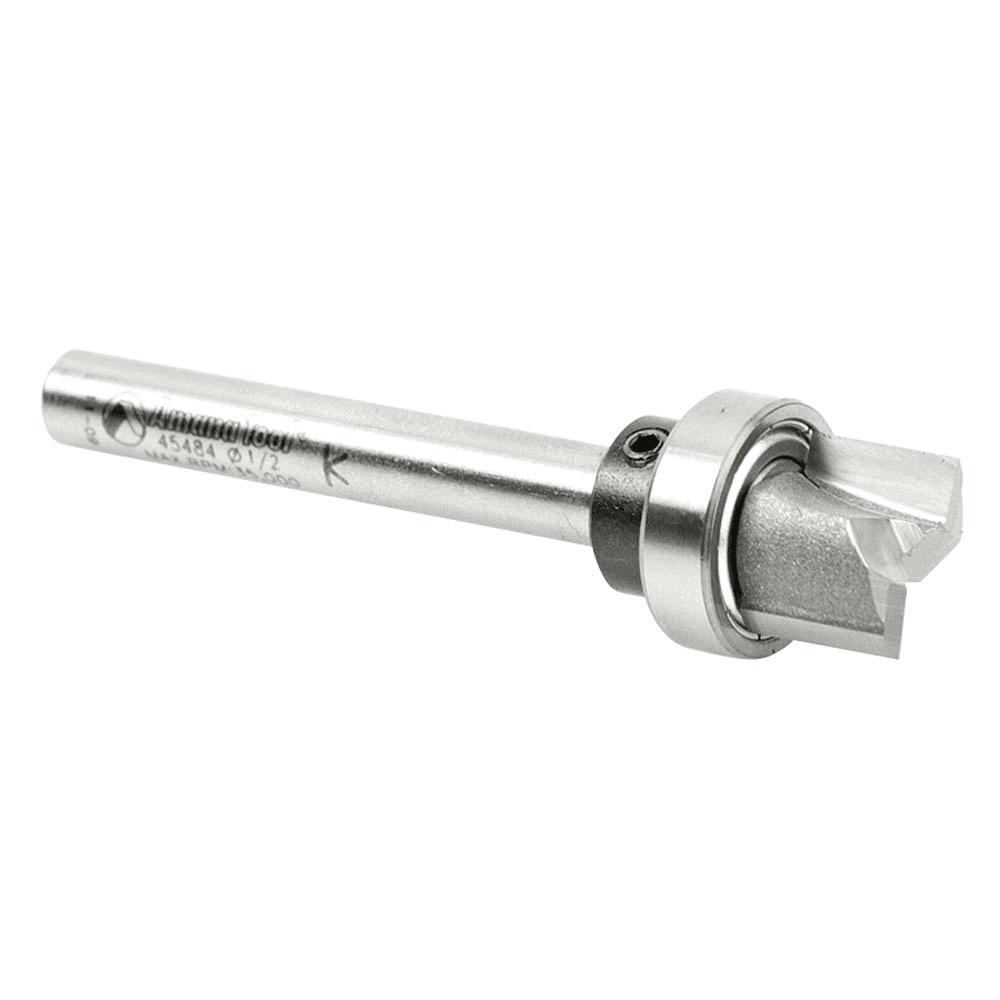 Close-up of Amana 1/2" x 2-1/2" Flush Trim Plunge Template Router Bit with Oversized Upper Ball Bearing