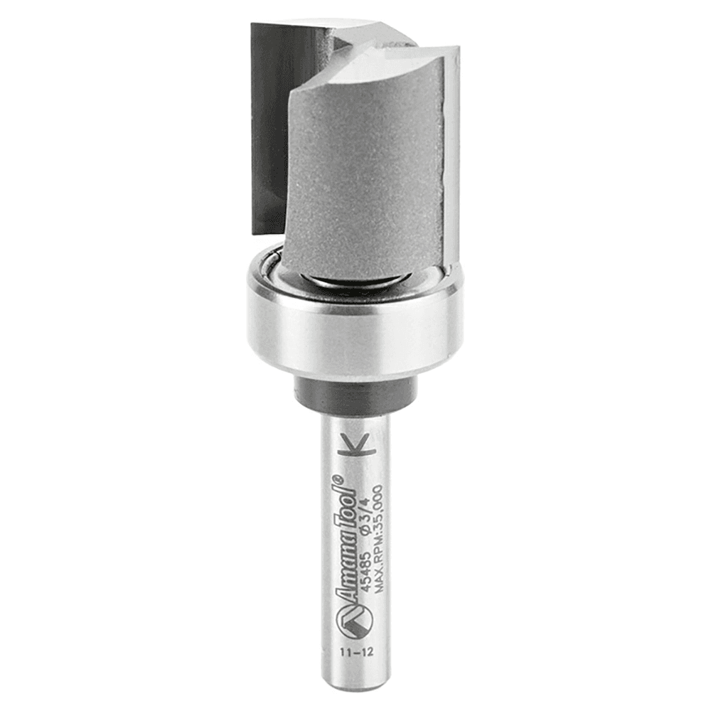 Amana Flush Trim Plunge Template Router Bit with Upper Ball Bearing in action on a wooden workpiece