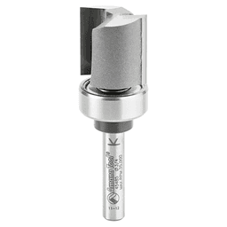 Amana Flush Trim Plunge Template Router Bit with Upper Ball Bearing in action on a wooden workpiece