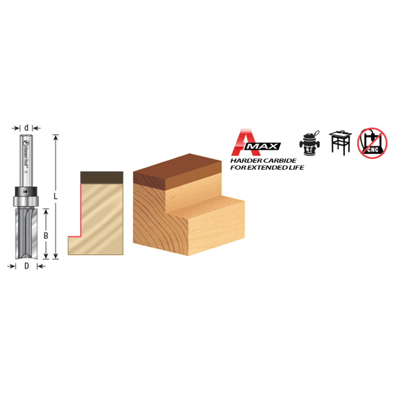 1/2" Dia x 1/2" Carbide Tipped Flush Trim Plunge Template, 1/4 Shank with Upper BB 3 Flute, Router Bit Alt 1 - Image