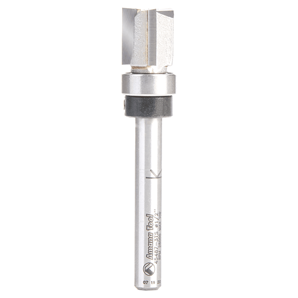 1/2" Dia x 1/2" Carbide Tipped Flush Trim Plunge Template, 1/4 Shank with Upper BB 3 Flute, Router Bit Main - Image
