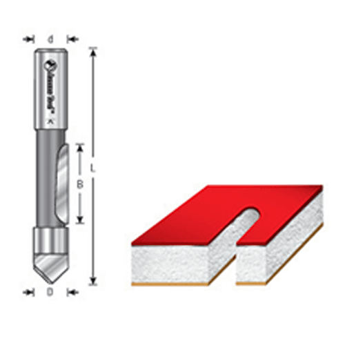 Close-up of Amana 1-flute panel pilot bit with pointed tip for plunge cuts