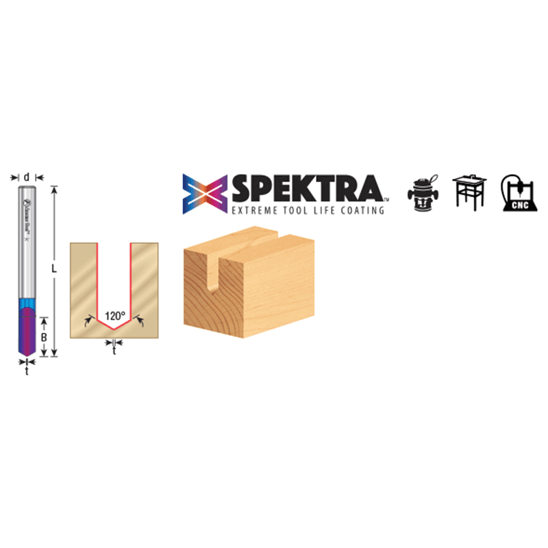0575" x 2-1/2" 120° Engraving Signmaking Spektra Extreme Tool Life Coated Router Bit, 1/4" Shank Alt 1 - Image