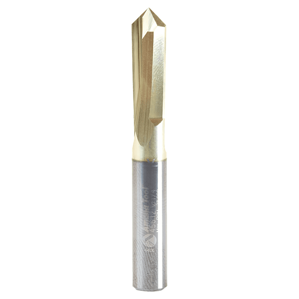 Amana 90&#730; Zero Point V-Groove/Engraving Router Bit with ZrN Coating for extended tool life and high wear resistance.