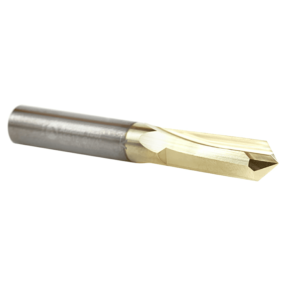 Maximize cutting edge life and prevent material build-up with Amana 2-Flute Router Bit for laminated chipboard, soft plastics, and solid surfaces.