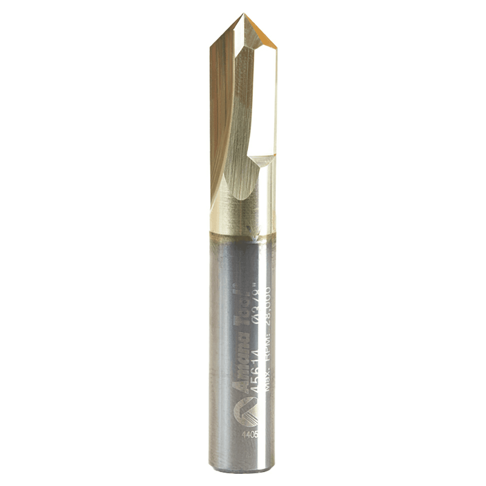 Amana 2-flute engraving router bit with ZrN coating for extended tool life and high resistance to wear.