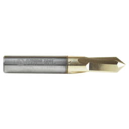 Amana router bit designed for beveling or V-grooving a variety of materials including hardwood, softwood, and non-ferrous metals.