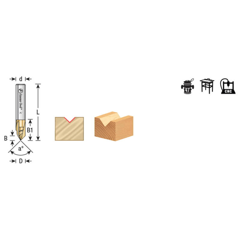 1/4" x 1/8" 90° Zero-Point V-Groove/Engraving ZrN Coated Router Bit, 3-Flute, 1/4" Shank Alt 1 - Image