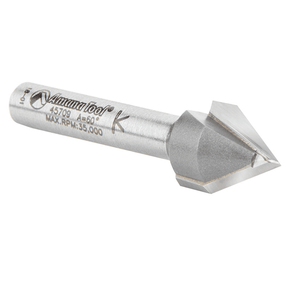 Use Amana 2-Flute, 1/4" Shank V-Groove Router Bit with handheld, table-mounted and CNC routers